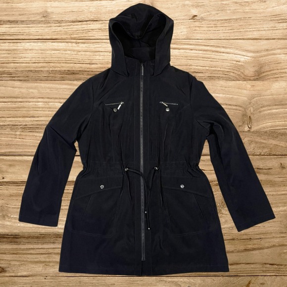 Liz Claiborne Womens Black Anorak Jacket Leopard Lining XL Drawstring Waist - Picture 2 of 12